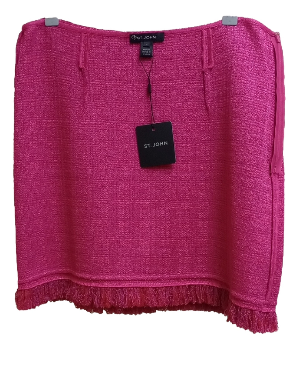 🆕 ST. JOHN "CAMELLIA" TWEED FUCHSIA PINK WOOL BLEND MINI MIDI SKIRT WITH FRINGE - Picture 7 of 12